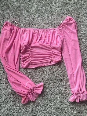 Pink Off-Shoulder Ruched Crop Top